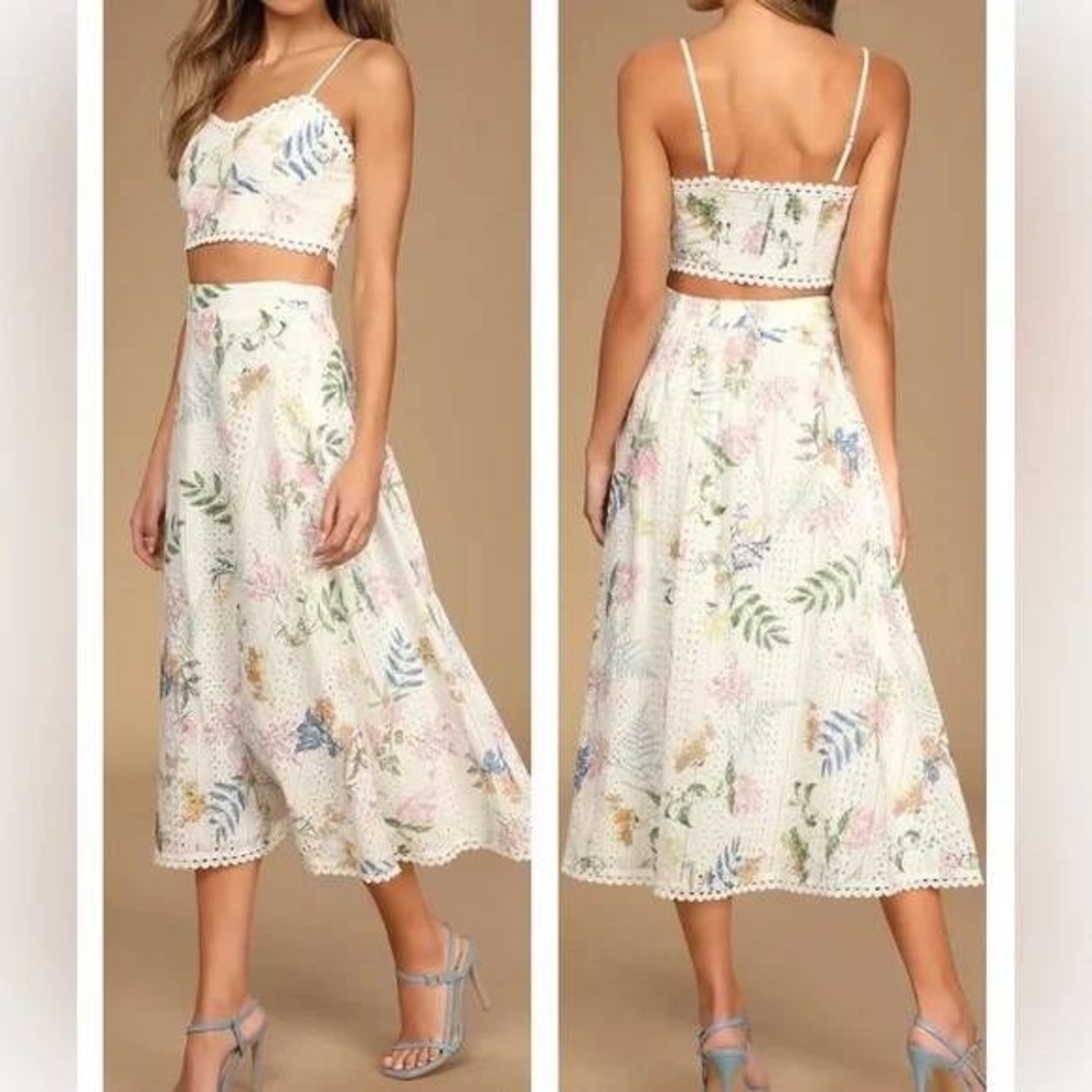 Lulus Sweet‎ At Heart White Floral Embroidered Cotton Two-Piece Midi Dress Large